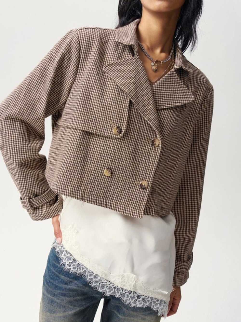 Brown Houndstooth Double Breasted Cropped Trench Jacket